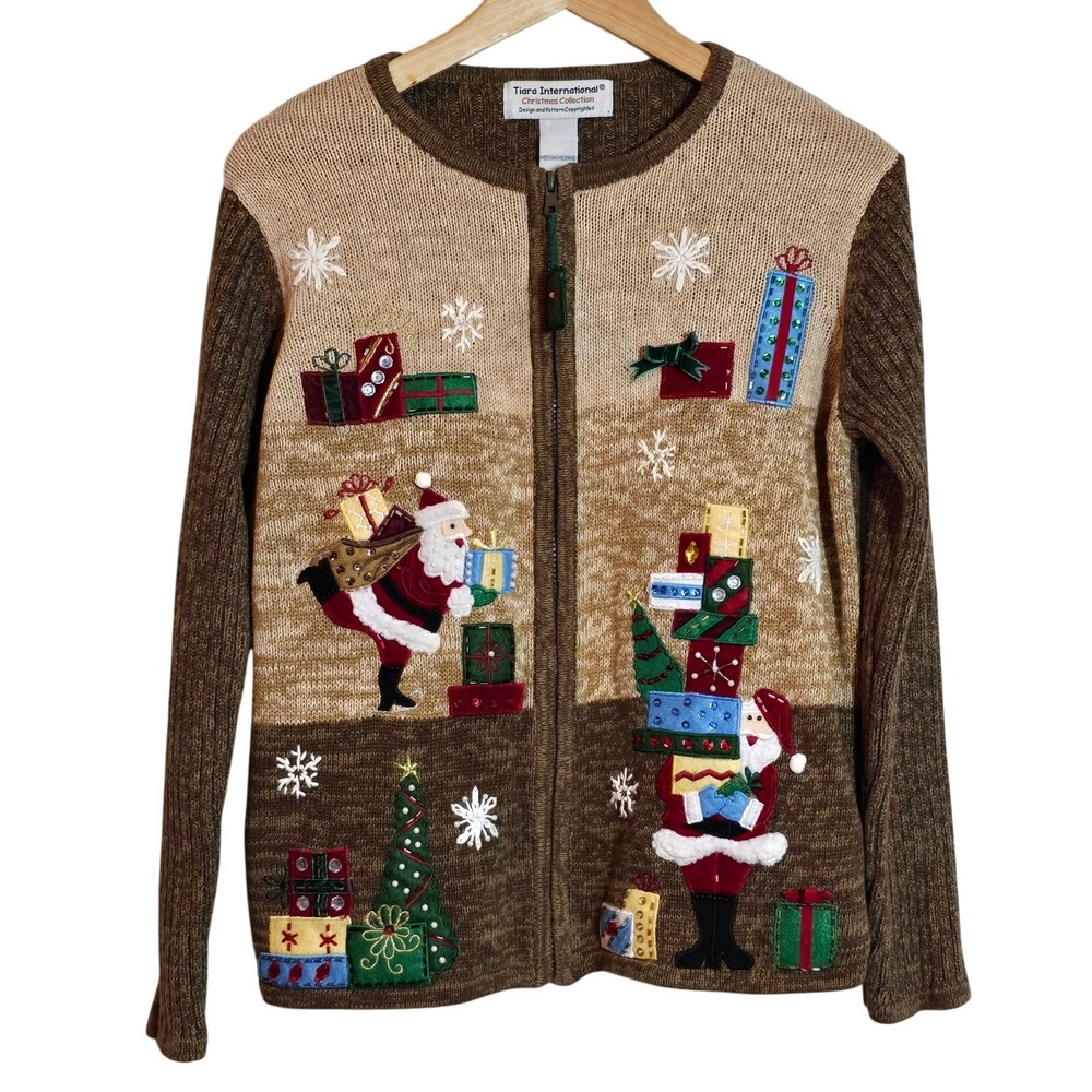 VTG Tiara Christmas Sweater Cardigan Tacky Medium Holiday Ugly Christmas Sweater